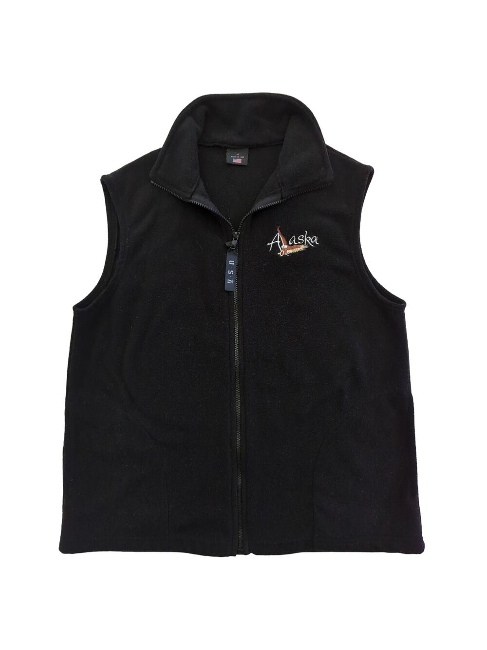 Black Polar Fleece Vest Alaska Eagle Embroidered Women's Size M Made in USA